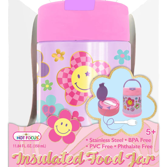 Hot Focus Groovy Flower insulated food jar with pink lid, floral graphics, and included spork