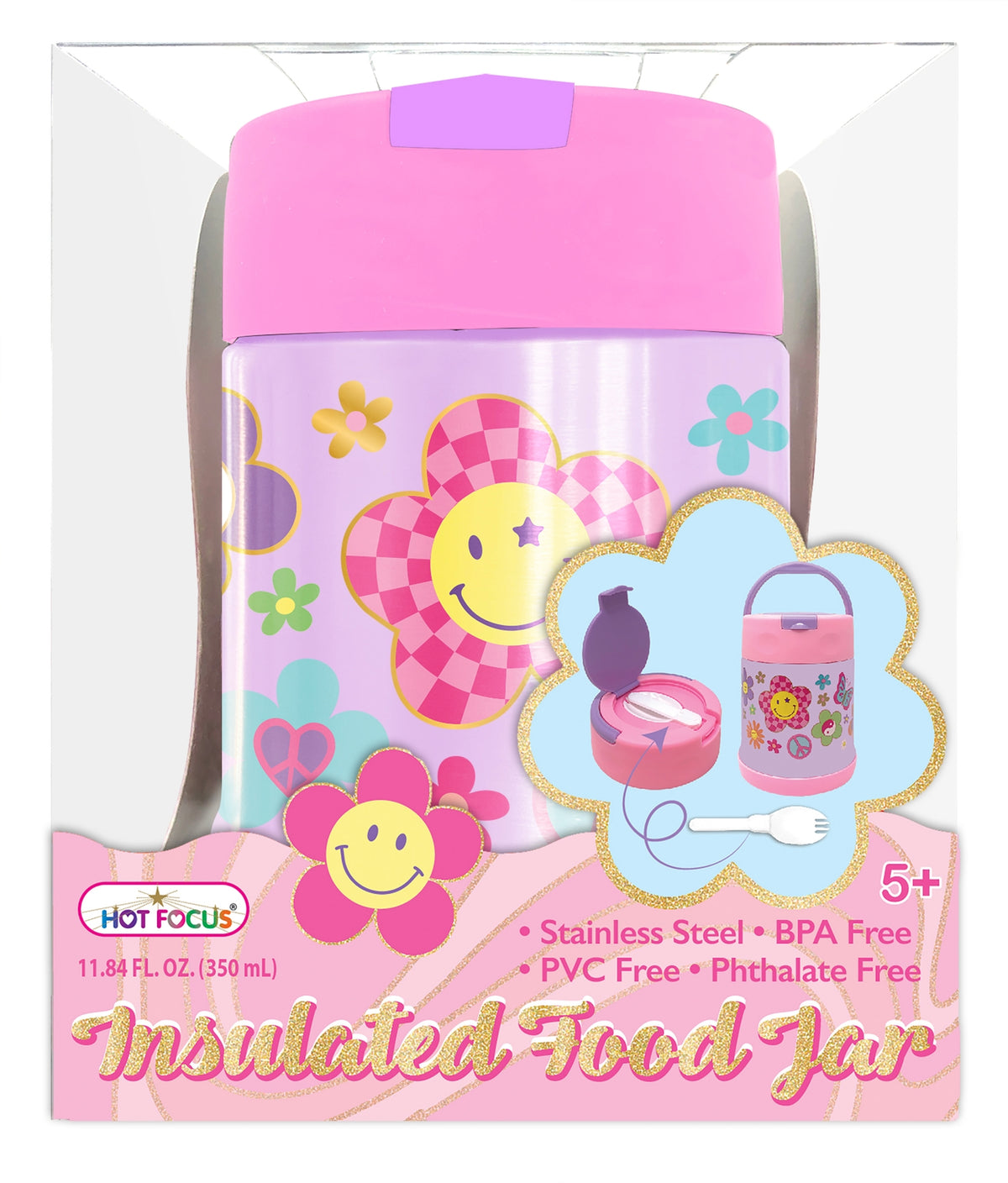 Hot Focus Groovy Flower insulated food jar with pink lid, floral graphics, and included spork