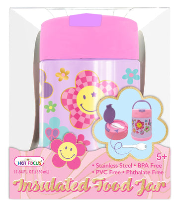 Hot Focus Groovy Flower insulated food jar with pink lid, floral graphics, and included spork