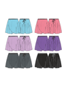 Multiple ballet wrap skirts in assorted colors displayed flat including blue, pink, purple, and black