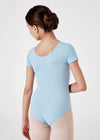 Young dancer wearing light blue cap sleeve leotard back view.