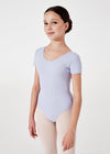 Young dancer wearing lavender cap sleeve leotard front view.