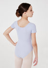 Young dancer wearing lavender cap sleeve leotard back view.