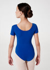 Young dancer wearing royal blue cap sleeve leotard back view.