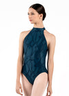 Adult dancer wearing teal faux halter ballet leotard with flocked detailing, front view.