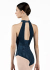Back view of adult dancer wearing teal faux halter leotard with power mesh straps and clasp closure.
