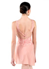 Back view of adult dancer wearing the pink mesh ballet skirt layered over a leotard.