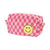 Pink checkered cosmetic bag with glitter smiley face chenille patch