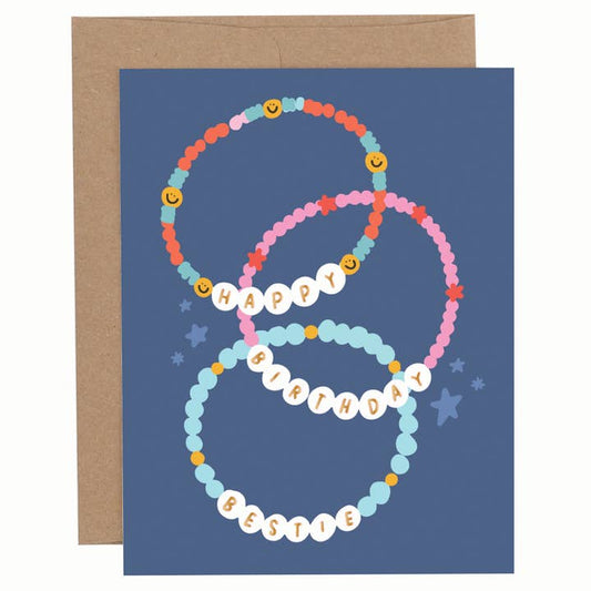 Birthday greeting card with colorful friendship bracelet design and envelope