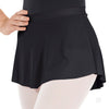 Black pull-on mini ballet skirt worn over a leotard, side view.