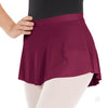 Burgundy pull-on mini ballet skirt with flat waistband, side view.
