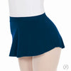 Navy pull-on mini ballet skirt worn over tights, side view.