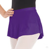 Purple pull-on mini ballet skirt worn over a leotard, side view.