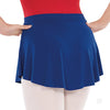 Royal blue pull-on mini ballet skirt with flowing movement, side view.