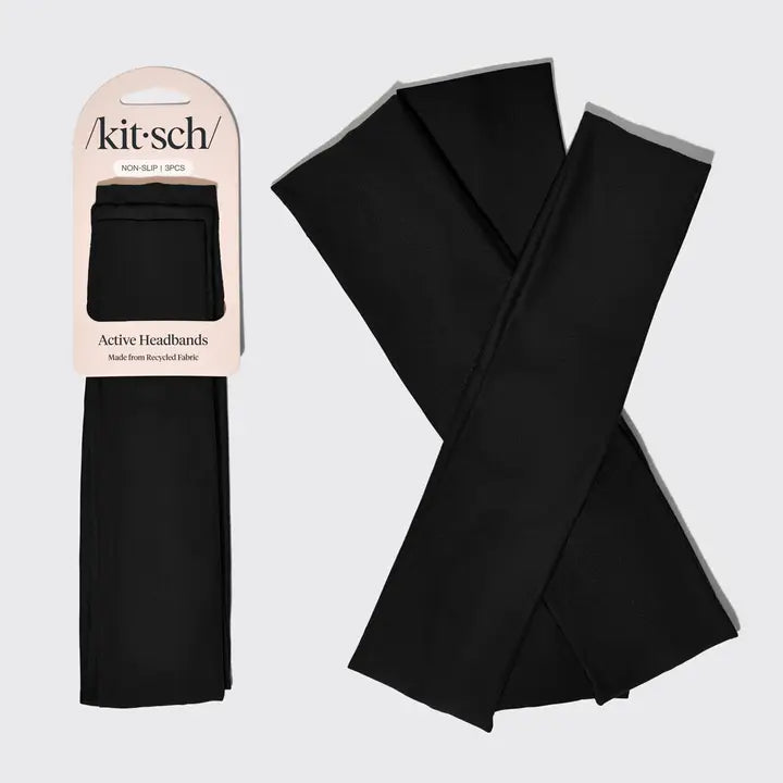 KITSCH black activewear headbands pack of three in retail packaging