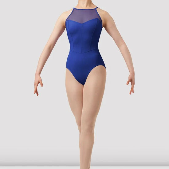 Adult dancer wearing blue halter leotard front view