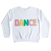 White crewneck sweatshirt with pastel chenille “DANCE” lettering displayed flat