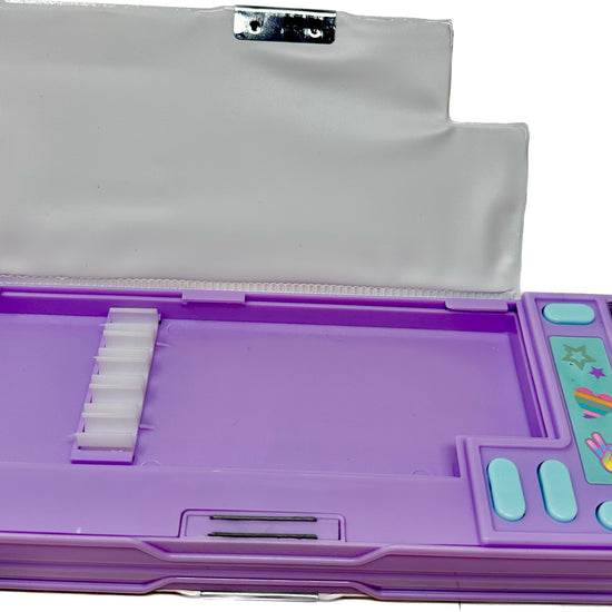 Hot Focus pencil case showing built-in calculator and storage sections