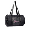 Black dance duffel bag with sparkly front pocket and shoulder straps
