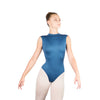 Adult high neck tank leotard in blue worn by model, front view