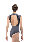 Adult high neck tank leotard in gray with open back, back view on model