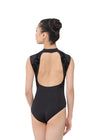 Adult high neck tank leotard in black, back view on model