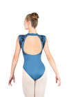 Adult high neck tank leotard in blue worn by model, back view