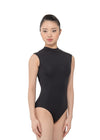 Adult high neck tank leotard in black, front view on model