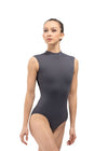 Adult high neck tank leotard in gray with open back, front view on model
