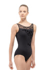 Front view of black adult tank leotard with low back and mesh tank sleeves