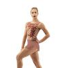 Adult tank leotard with floral front detailing and low open back worn by model