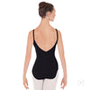 Back view of dancer wearing a black camisole leotard with tapered V-back