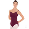 Dancer wearing a burgundy camisole leotard with princess seams