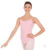 Dancer wearing a pink camisole leotard with scoop neckline