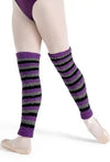 Purple striped leg warmers worn over dancer’s calves