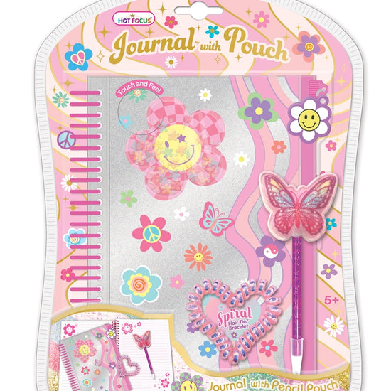 Hot Focus Groovy Flower journal with attached pencil pouch in bright pink floral design