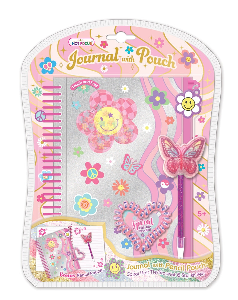 Hot Focus Groovy Flower journal with attached pencil pouch in bright pink floral design