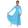 Child dancer wearing light blue long sleeve praise dance dress