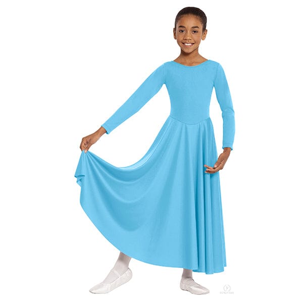 Child dancer wearing light blue long sleeve praise dance dress
