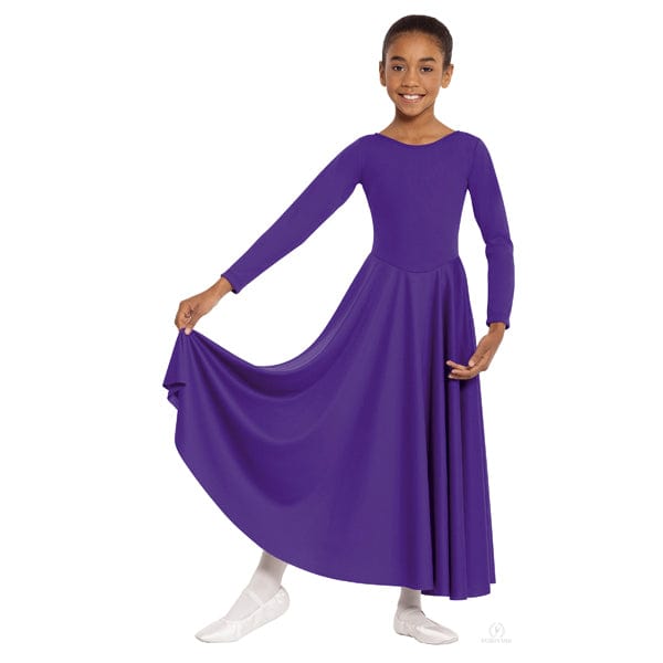 Child dancer wearing purple long sleeve praise dance dress