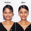 Before and after comparison showing flyaway control using a hair wax stick