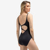 Black tank leotard back view showing strappy design