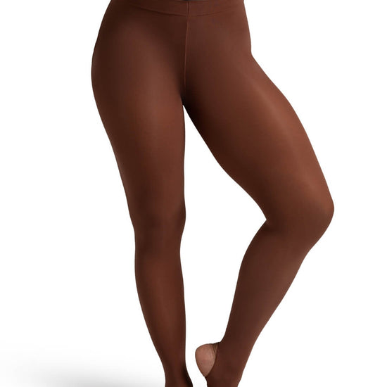 Adult stirrup dance tights in Chestnut shown on legs against a white background.