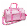 Light pink glitter kids large duffle bag with shoulder strap and front pocket