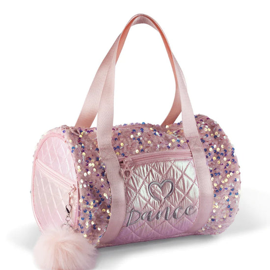 Pink sequin dance duffle bag with shoulder strap and pom accessory