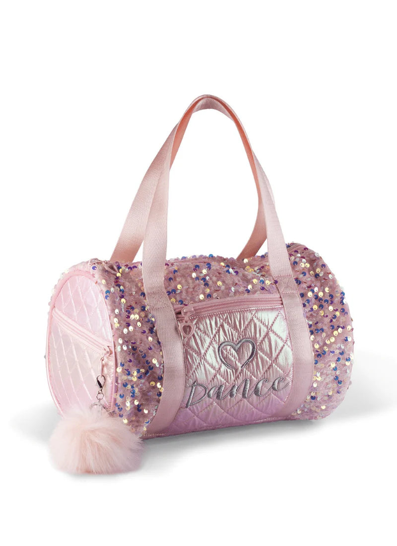 Pink sequin dance duffle bag with shoulder strap and pom accessory