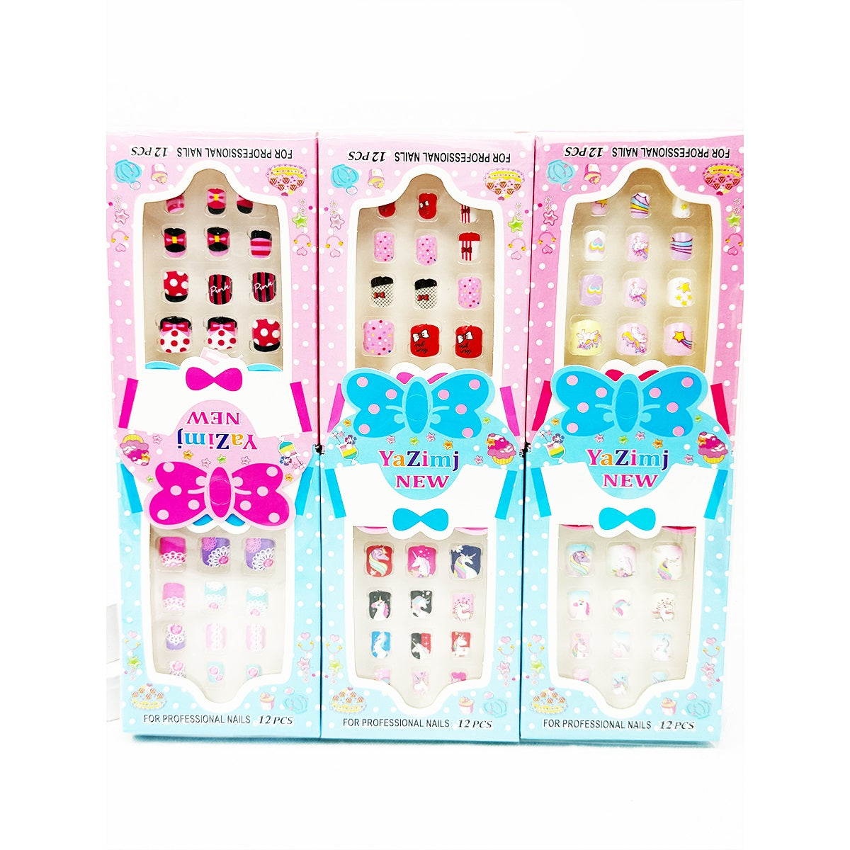Three Love and Repeat kids press-on nail sets in bright assorted packaging