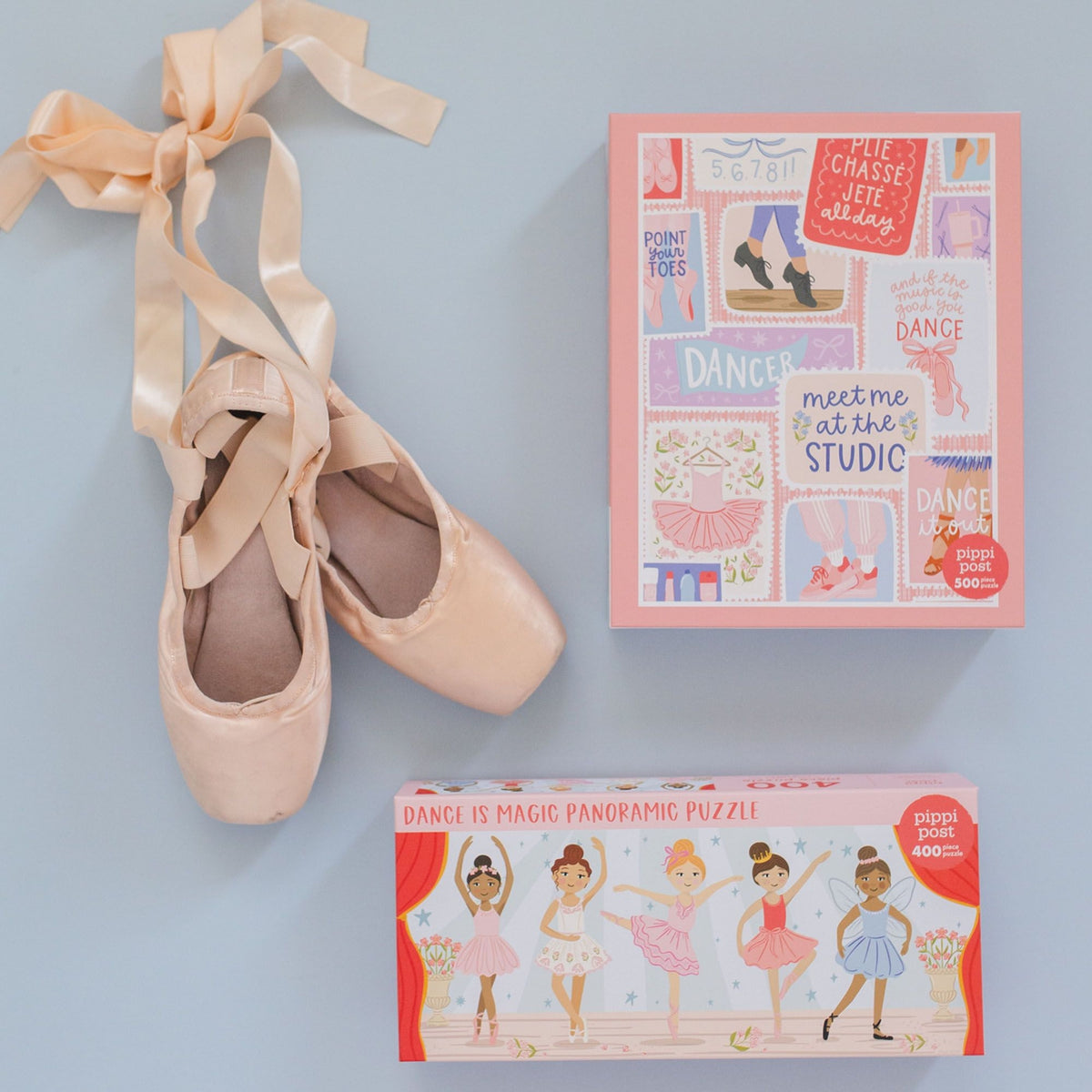 Dance It Out puzzle box showing colorful ballet slippers, dance illustrations, and product details