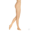 Adult dancer wearing light suntan convertible dance tights, side view.