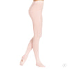 Adult dancer wearing theatrical pink convertible dance tights, full leg view.